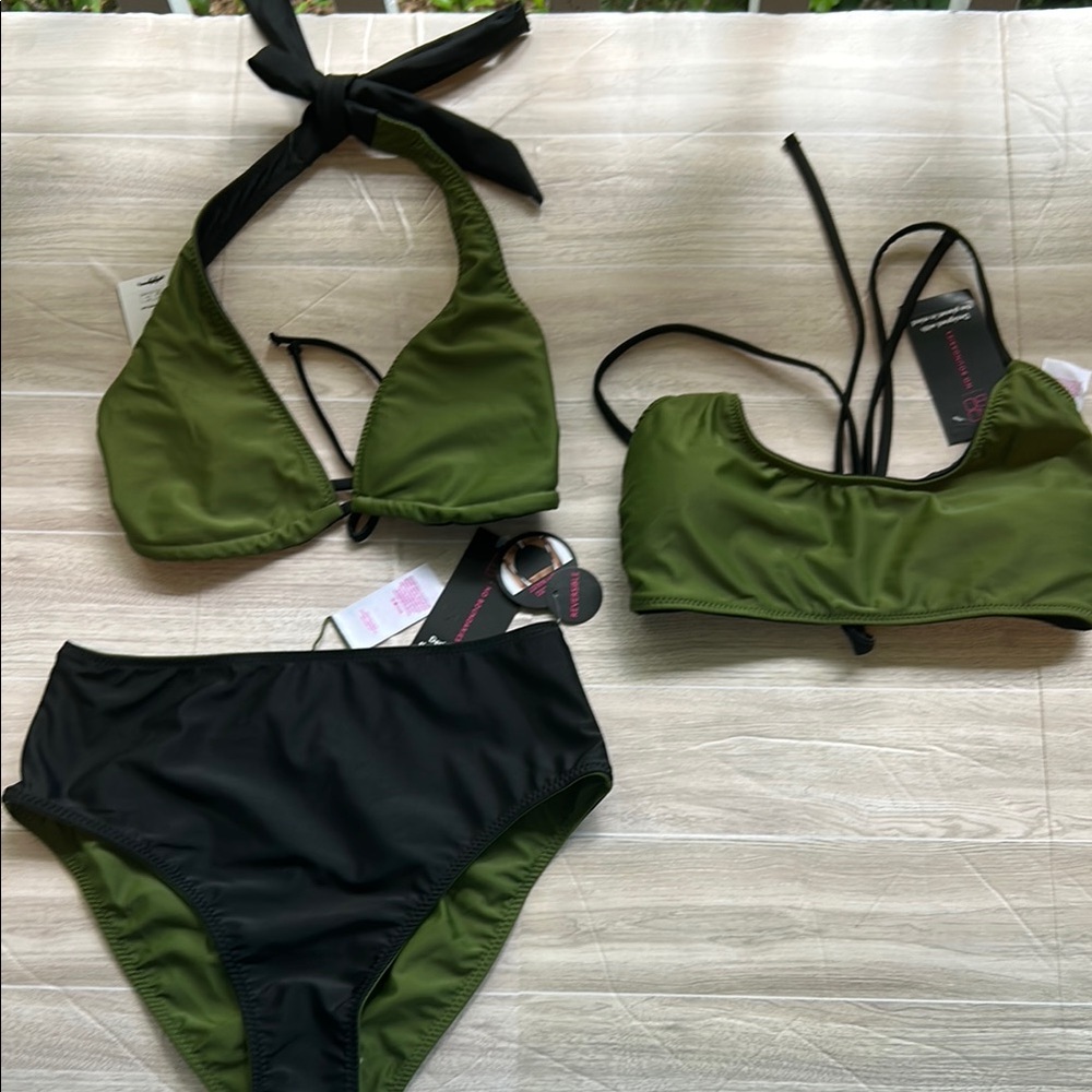 No Boundaries NWT Reversible Olive Green & Black High Waisted Bikini Bottom